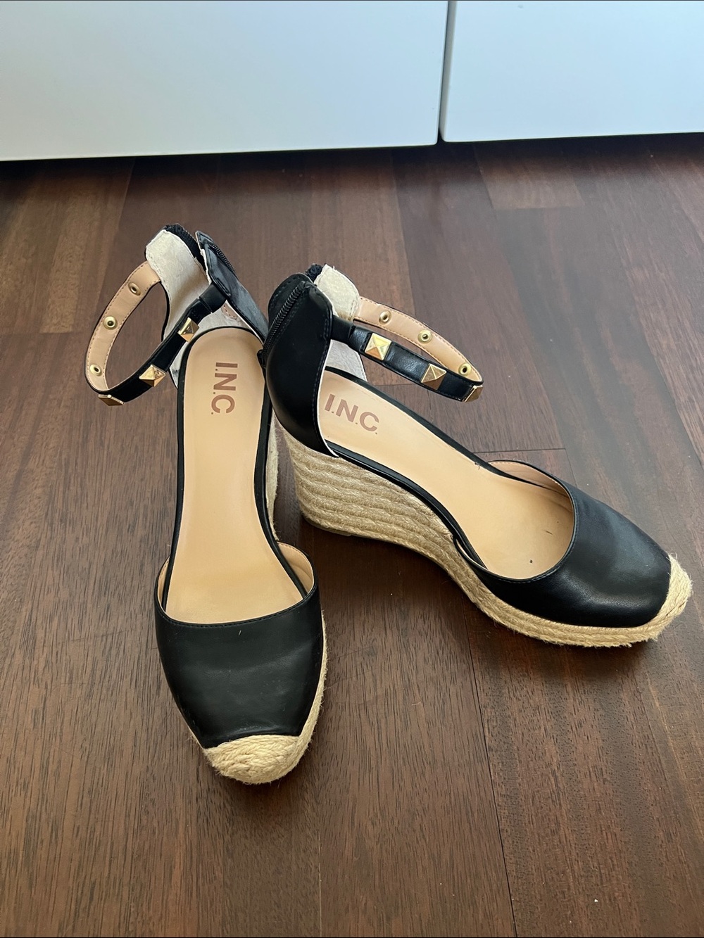 INC International Concepts Black Espadrille Wedge Sandals with Ankle Strap